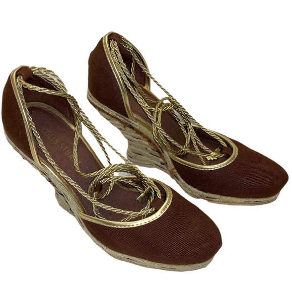 Curved Wedge Heel Ankle Wrap Sandal 6.5 Brown - Picture 10 of 12